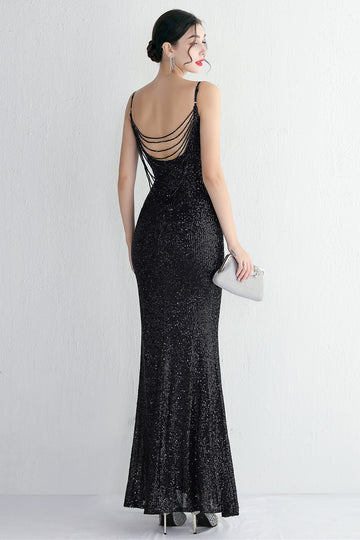 Cekinowa Czarna Syrenka Sukienki Na Studniówke z Odkrytymi Plecami Z Rozcięciem